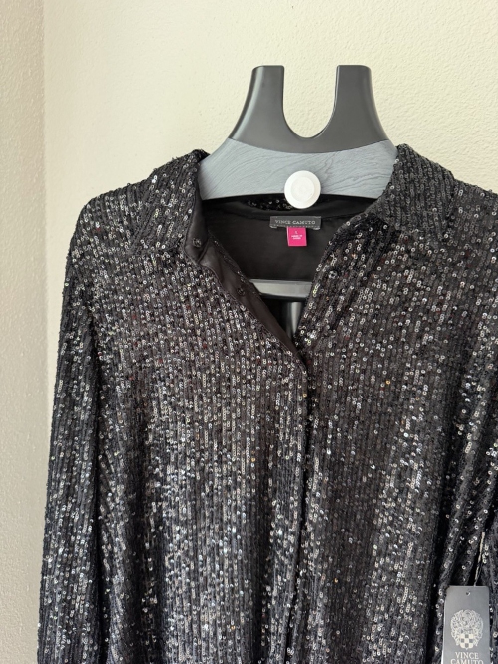 Vince Camuto Women's Black Sequin Button-Down Collared Long Sleeve Blouse L - Picture 3 of 6